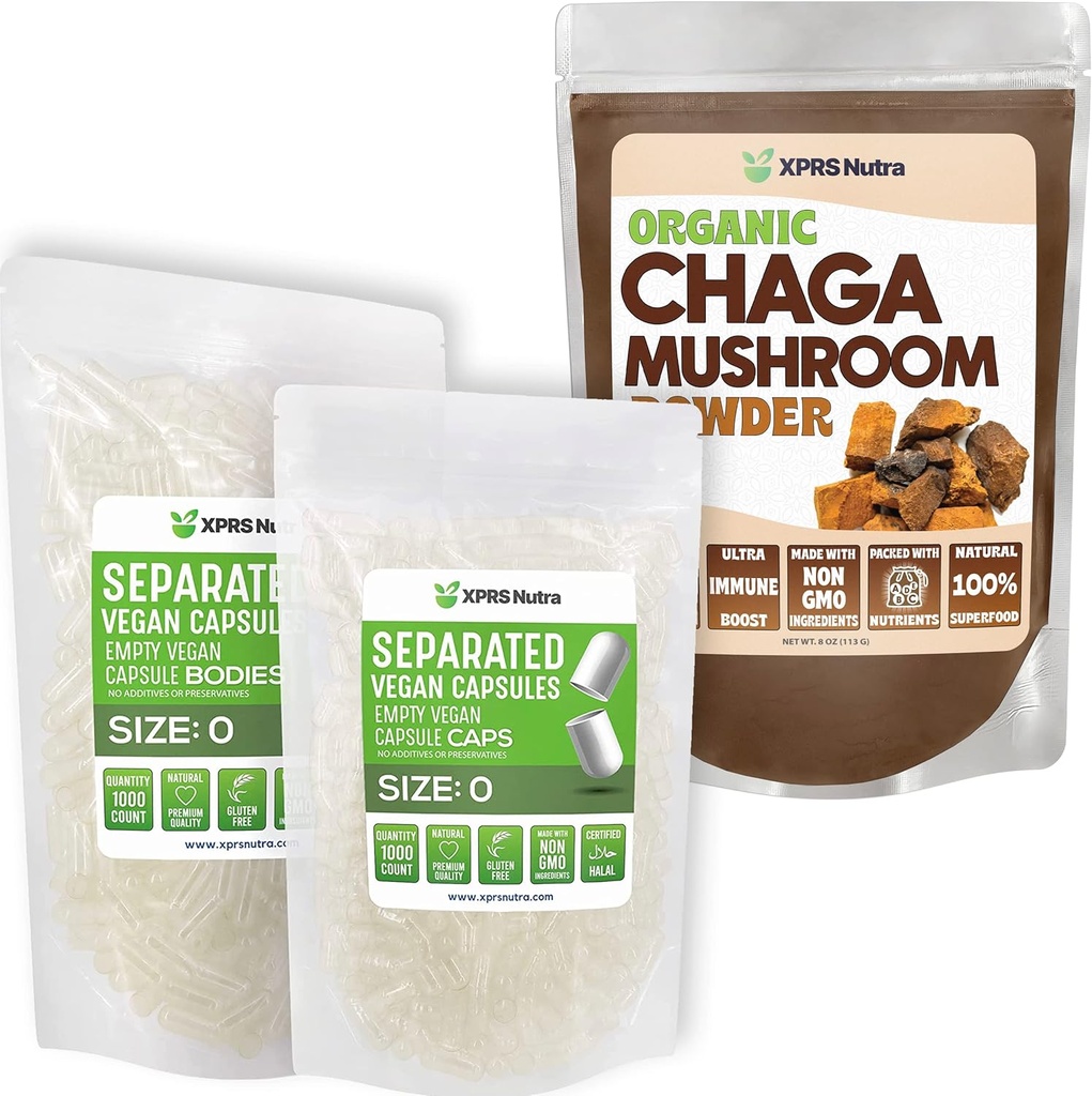 XPRS Nutra Oddelená veľkosť 0 Kapsule (1000 Počet) s Chaga Powder (8 Ounce) Bundle