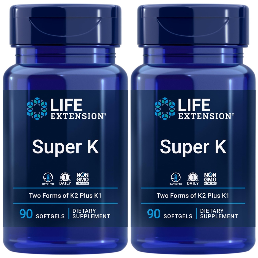 Predĺženie života Super K, vitamín K1, vitamín K2 mk-7, vitamín K2 mk-4, vitamín C, kosť/srdce/arteriálne zdravie, 3-mesačná zásoba, bezlepok, 1 denne, non-GMO, 90 softgelov (Pack of 2)