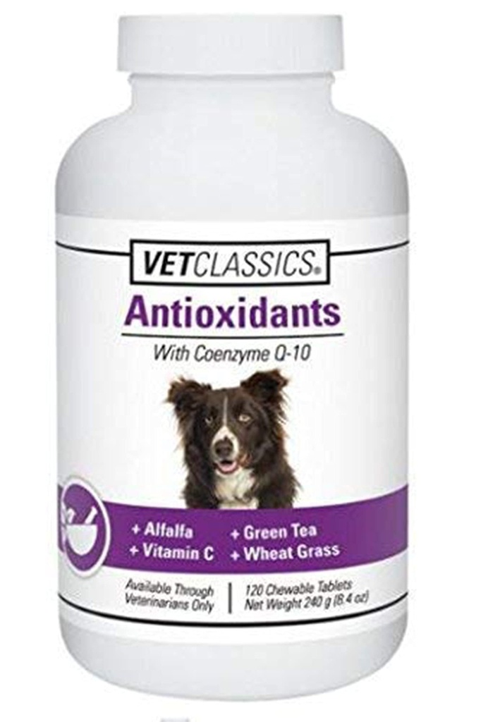 Vet Classics Antioxidanty s koenzýmom Q-10 pre psy, s lucernou, zelený čaj, vitamín C, a pšeničné trávy, 120 žuvacie tablety