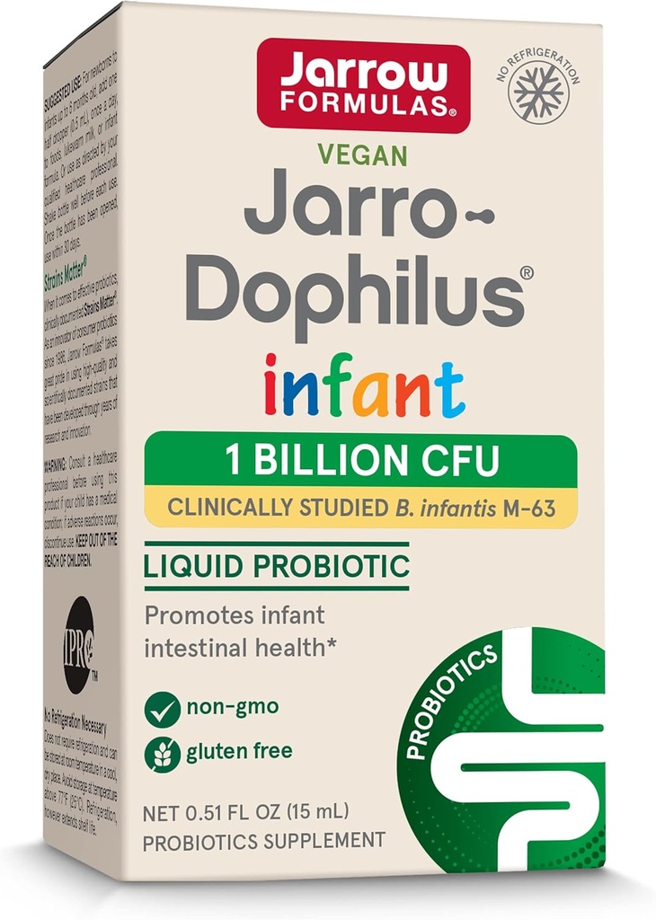 Jarrow Formules® Jarro-Dophilus® Infant Liquid Probiotic, Dietary Supplement, Intestinal Health Support for Infants, 1 Milión CFU Per Serving, 0.51 fl oz, 30 Day Supply