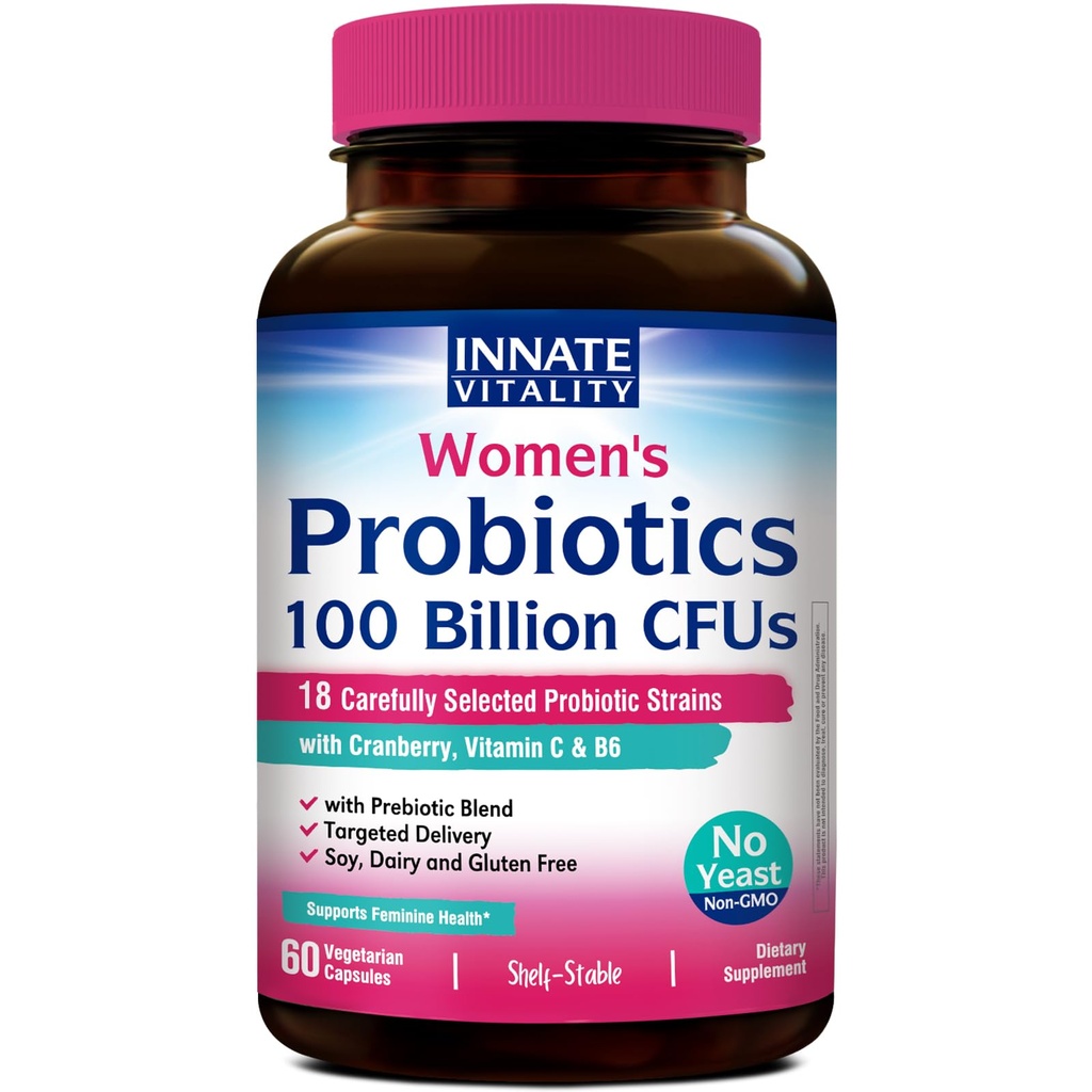 Narodené vitality Probiotiká pre ženy, 100 miliárd CFU 18 Kmene, Prebiotiká a probiotiká, s brusnicou, vitamín C & B6 P5P, vaginálne a trávne zdravie, bez chladničky, 60 kapslí