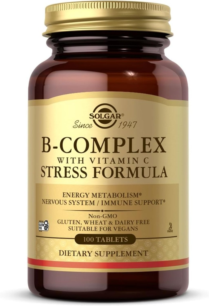 Solgar B- Complex s vitamínom C - 100 tabliet - Non-GMO, Vegan, Kosher & Gluten Free - 50 Servisov