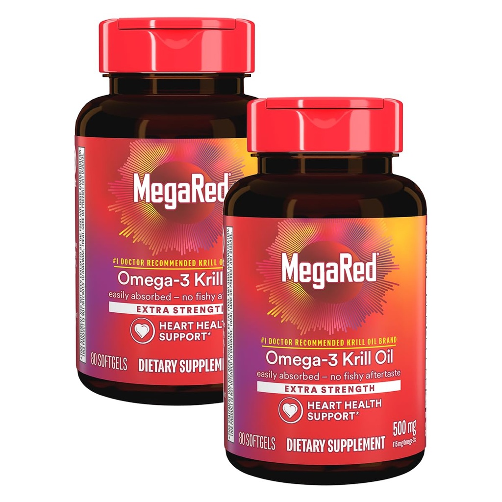 MegaRed extra sila 500mg Omega-3 rilový olej doplnok s EPA/DHA, žiadna rybia dochuť podporuje zdravie srdca, 80 gróf softgels (2 balenia)