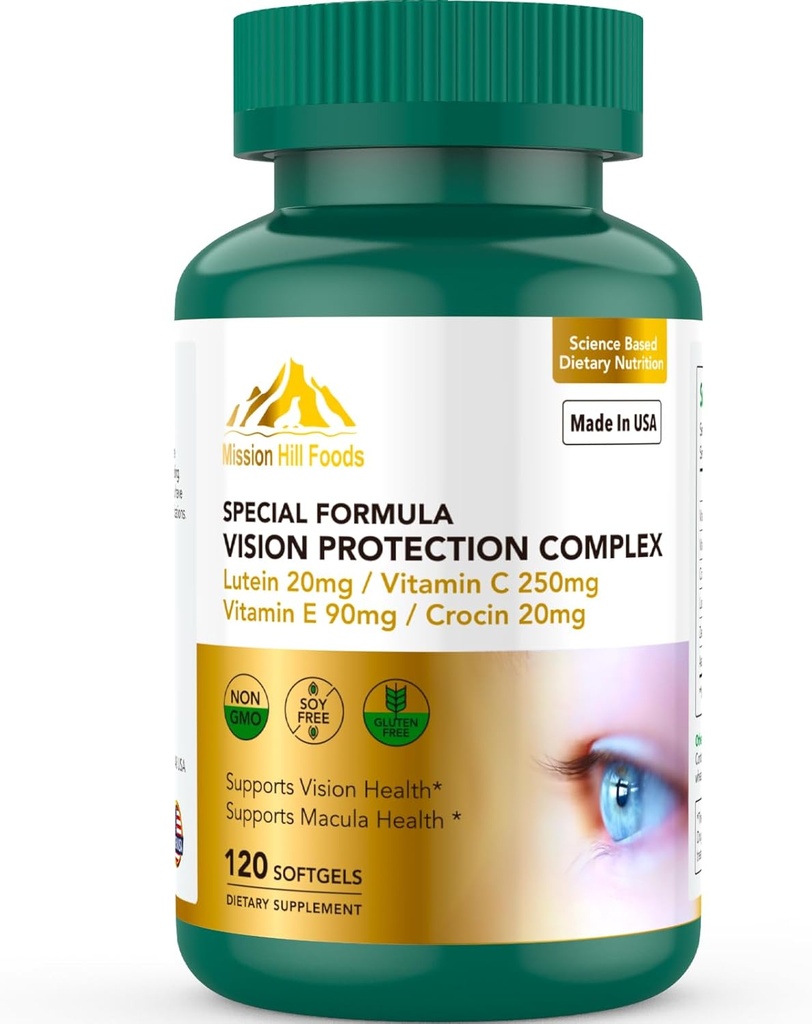 Luteín a Zeaxantin doplnky - 6 v 1 Vision Protection Complex s luteínom 20 mg, Zeaxantin, Astaxantín, Crocín, vitamín C & E, 120 Softgels, non-GMO, Gluten-free, podporuje zdravie očí