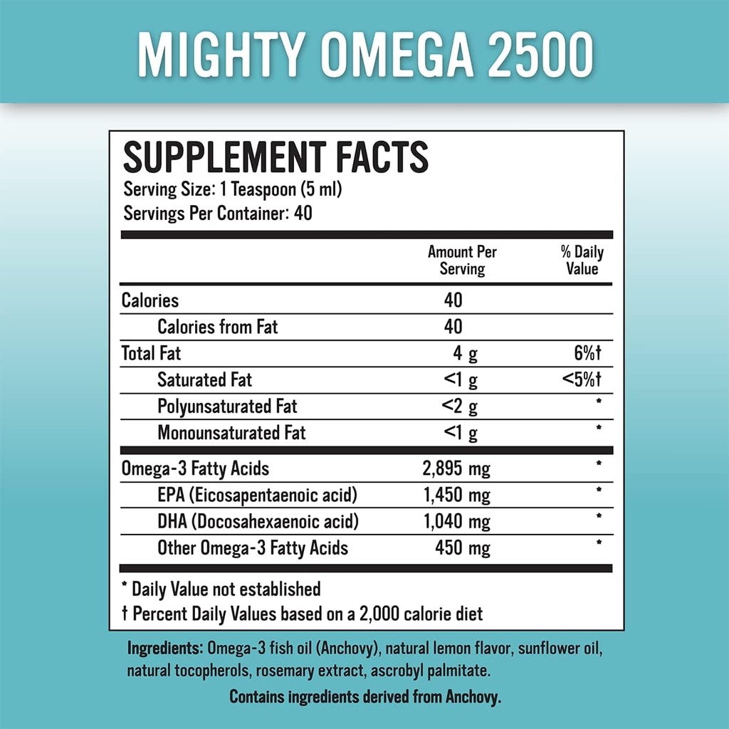 Mighty Omega 2500 Potent Omega 3 Supplement - 2500 MG EPA DHA Per Teasphoon - High Dose Omega 3 Fish Oil - South Pacific Anchovy Sourced - Triglycerid Omegas 3 Mastné kyseliny Supplement