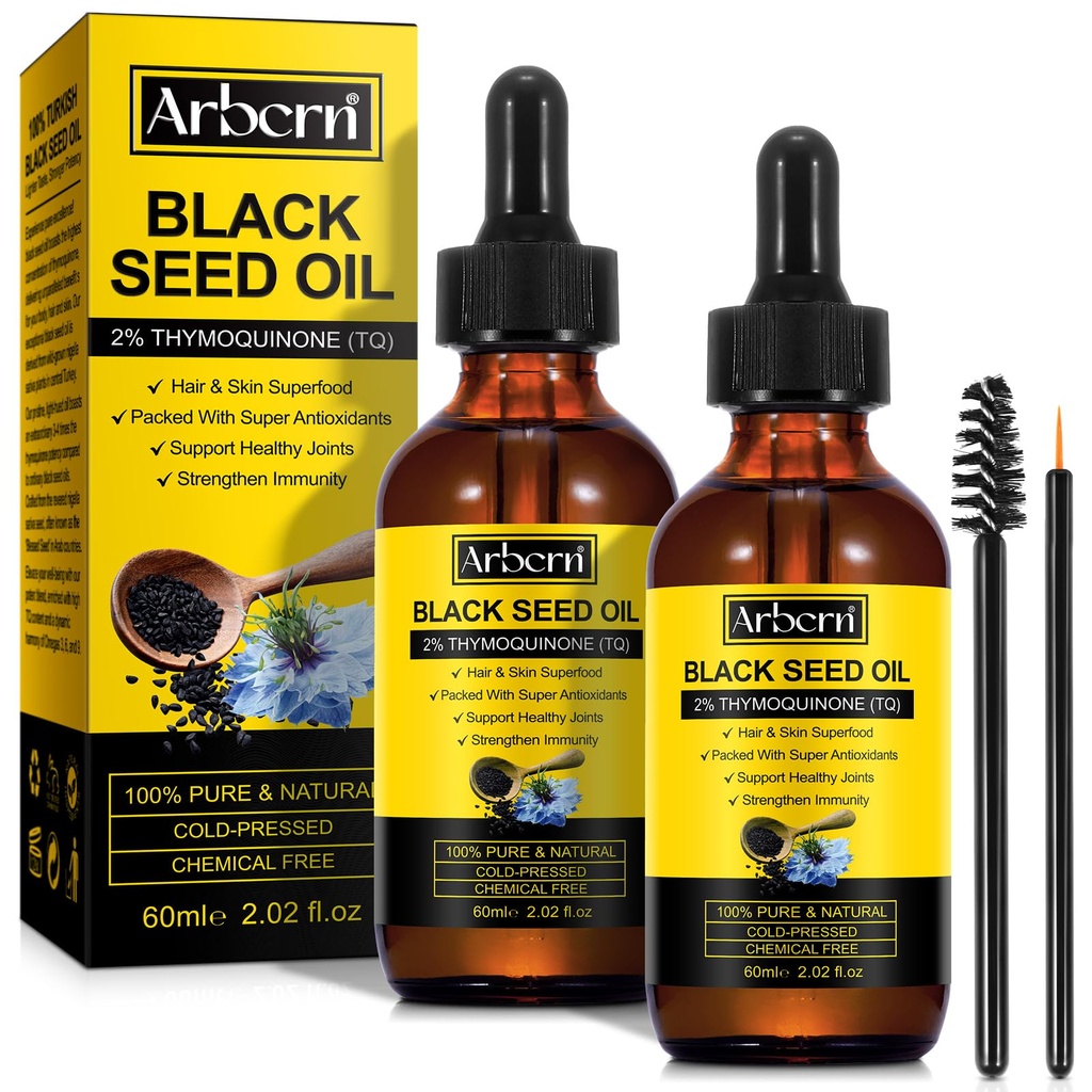 2 balenie Black Seed Oil Organic Cold Pressed,100% Pure & Natural Liquid Black Seed Oil Cold Pressed Glass Bottle 60ML pre starostlivosť o pleť, vyživuje a hydratuje vlasy
