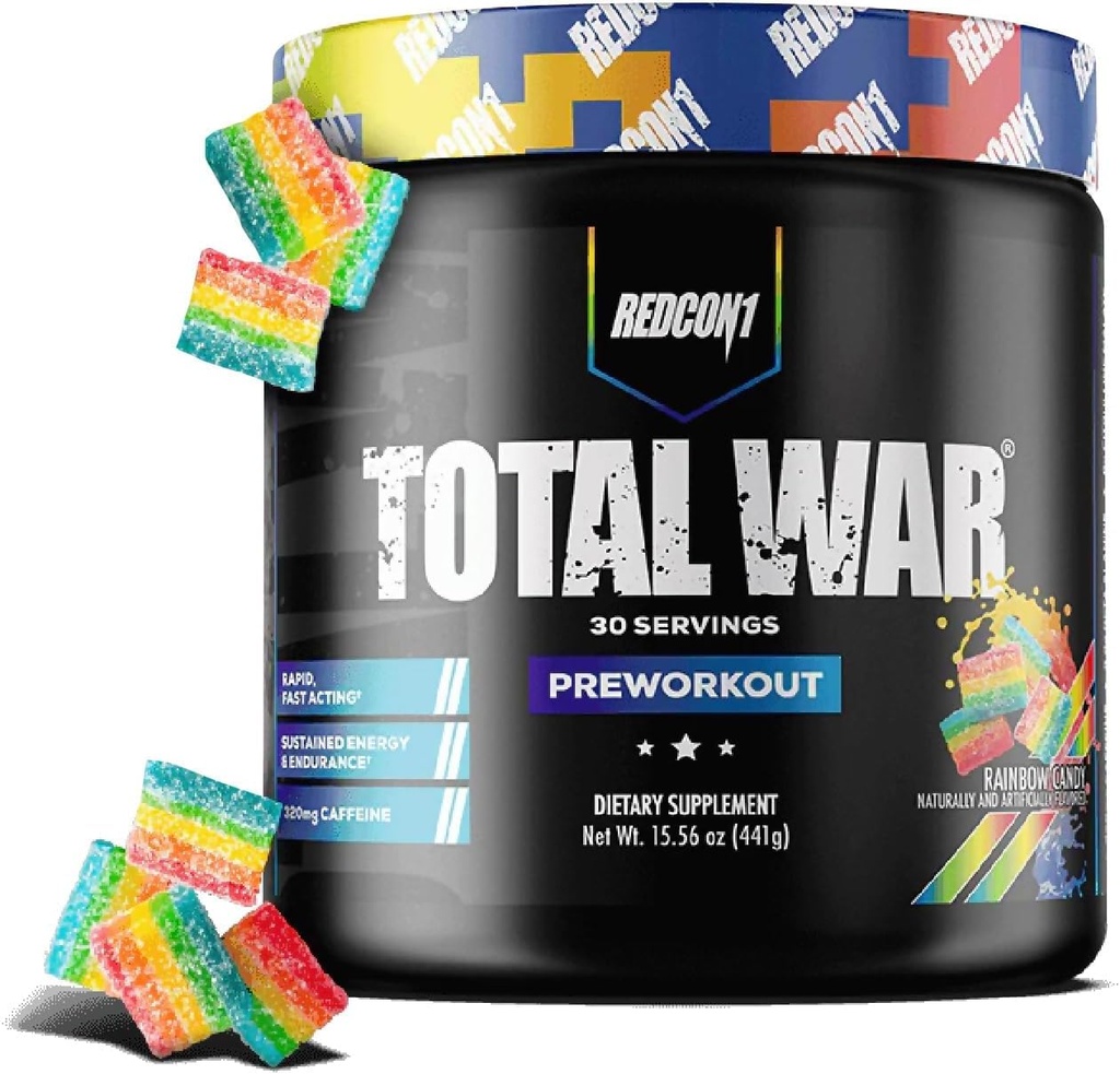 REDCON1 Total War Pre Cvičenie, Rainbow Candy - Beta Alanine + Citruline Malate Keto Priateľské Preworkout pre mužov a ženy s 320 mg kofeínu - Rýchle pôsobenie (30 Servings)