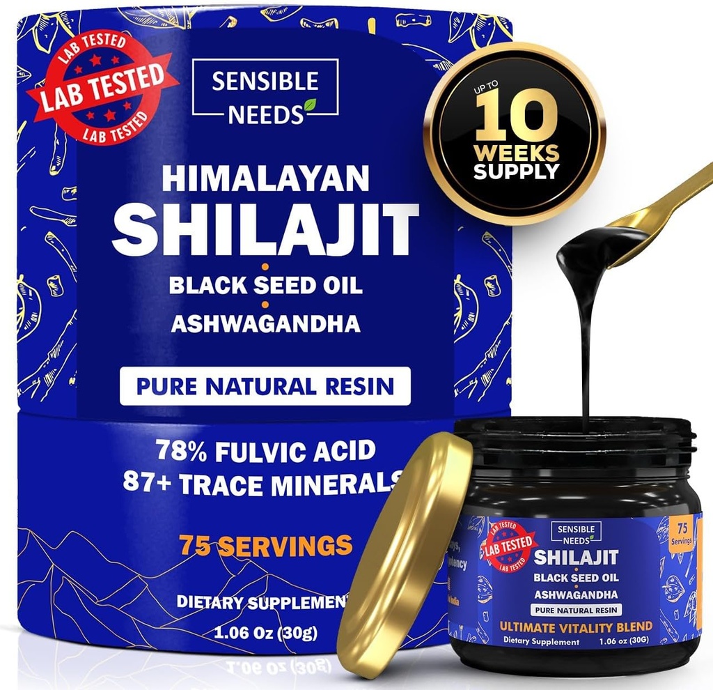 Pure Himalayan Shilajit Organic Resin Supplement, Shilajit pre mužov a ženy s olejom z čierneho semena a Ashwagandha, Energy, Imunity, 78% Fulvic Acid, 87+ Stopové minerály, 400 mg