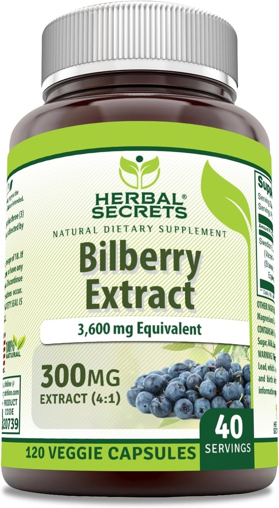Herbal Secrets Bilberry Extract 300 Mg | 4:1 Extract (3600 mg Equivalent) | Veggie Capsules | Non-GMO | Gluten-Free | Made in USA (120 Count)