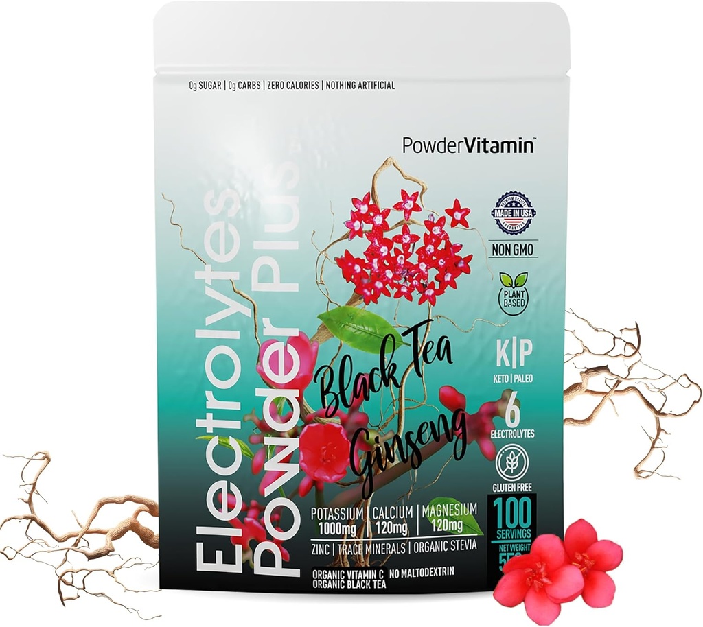 Prášokvitamín Electrolytes Powder Plus (100 Servings) Čierny čaj Ginseng Electrolyte Powder Keto, bez cukru, Ružová himalájska soľ, 1000mg Draslík, 150mg Vápnik, 150mg Magnézium, Hydratačný prášok