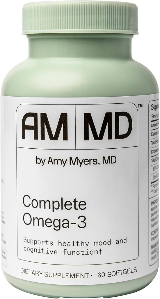 Amy Myers MD Complete Omega-3 Softgels - Rybí olej doplnok pre Kardiovaskulárny a imunitný systém podpora - Non-GMO, Non-Dairy & Non-Soy - 60 Softgels (60 Servings)