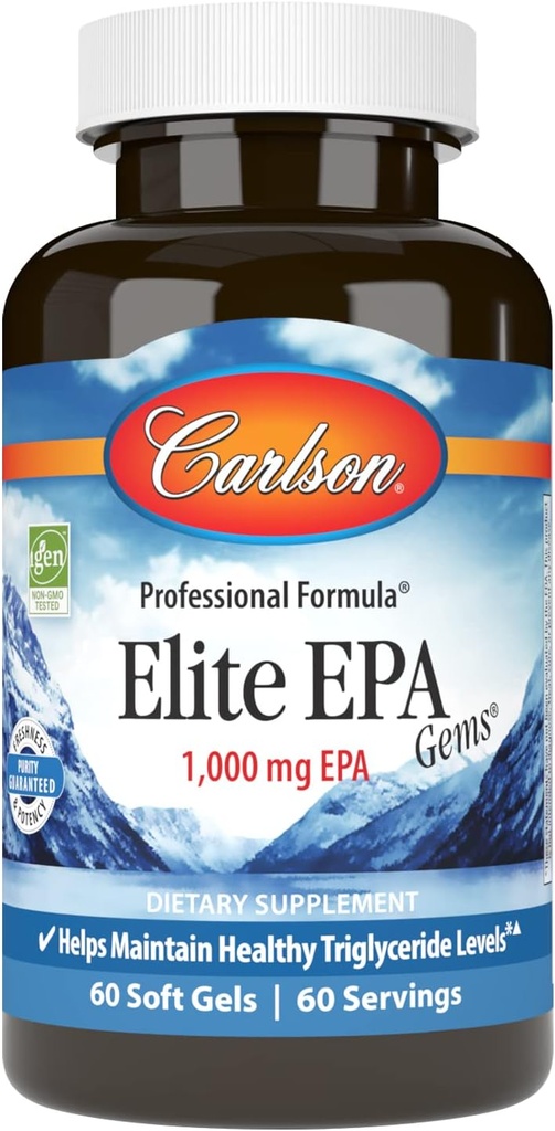 Carlson - Elite EPA Gems, 1000 mg EPA Fish Oil, Wild-Caught, Norwegian Fish Oil Supplement, Udržateľne Zdroj, pomáha udržiavať zdravé hladiny triglyceridov, 60 Softgels