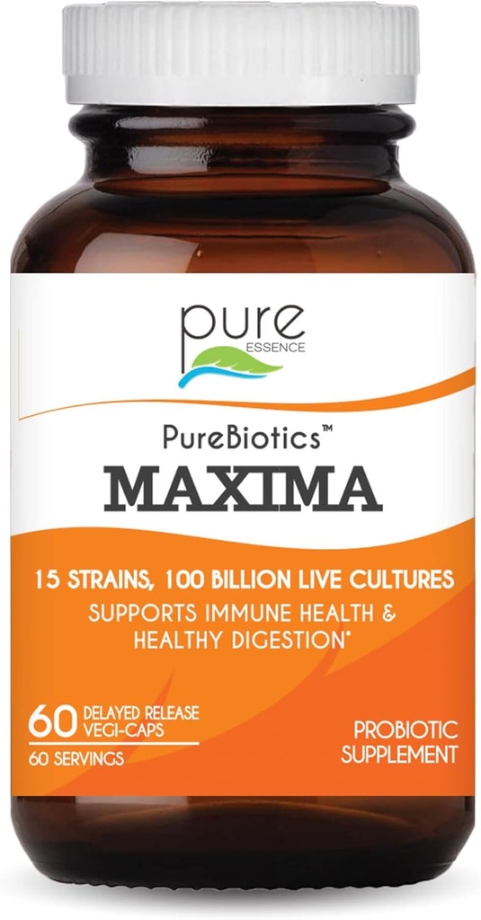 PURE ESSENCE LABS Maxim probiotiká 100 miliárd CFU - Muži a ženy Probiotické doplnok pre lepšiu trávenie - 15 kmeňov pre imunitnú podporu a trávenie zdravie (60 kapsúl)