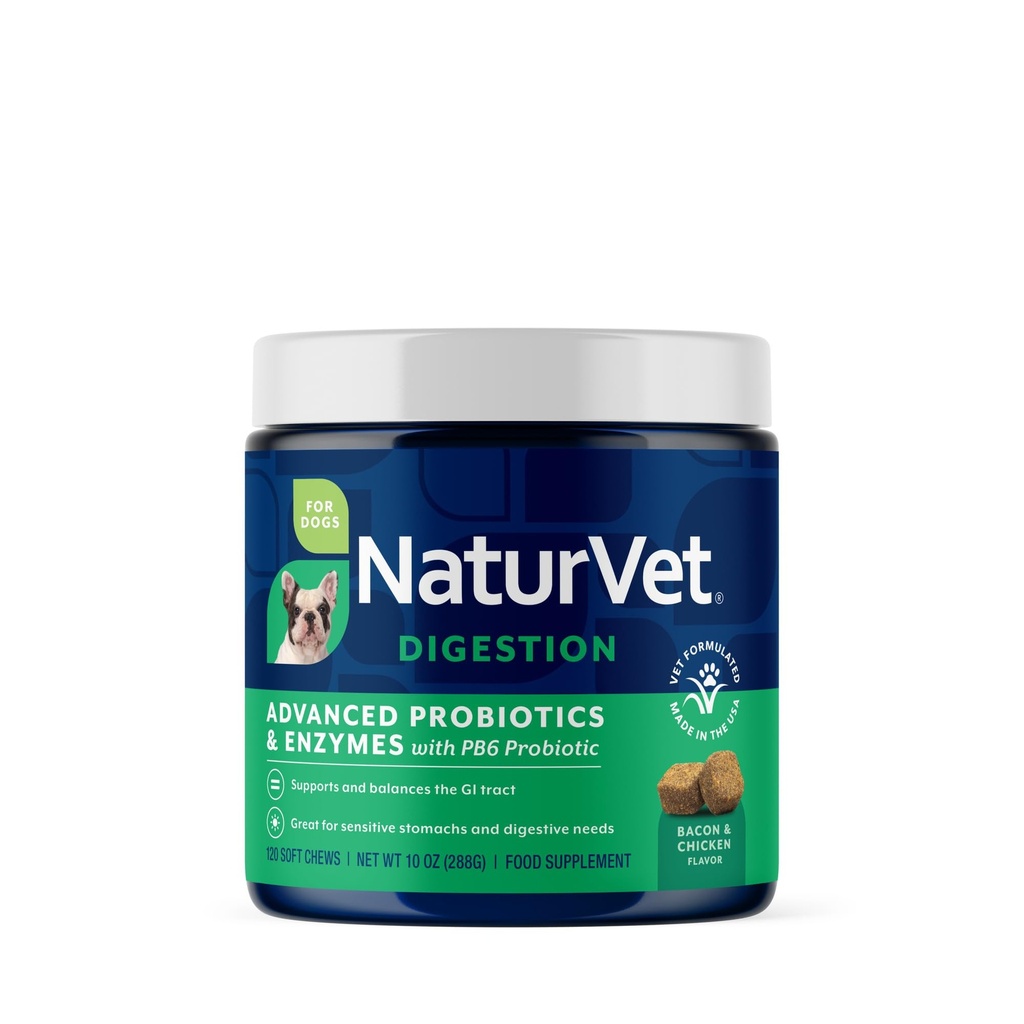 NaturVet Advanced Probiotiká & Enzymes, PB6 Pes mäkké žuvačky na pomoc citlivé žalúdočné a tráviace problémy, Hickory Fajčenie slanina Ochutené Pet Supplement pre psy Viac ako 6 týždňov, 120 gróf Jar