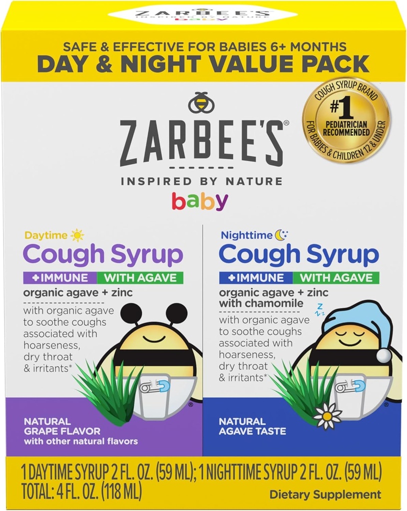 Zarbee's Baby Day & Night Cough Medicine & Syrup Value Pack with Organic Agave + Zinc for Immune Support, Natural Grape Daytime & Chamomile Nighttime, Baby Cough Medicine, 2 x 2 fl oz