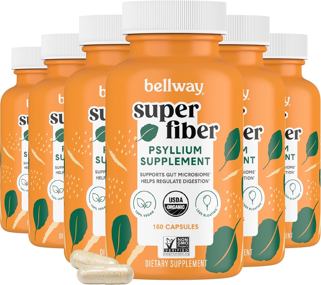 Bellway Super Fiber Kapsule (6 balenia) - USDA Organic Psyllium Husk Kapsule - Denné Psyllium Husk Fiber Supplement pre Tráviace zdravie a pravidelnosť, Plant Based, Non-GMO, Kosher - 960 Kapsule