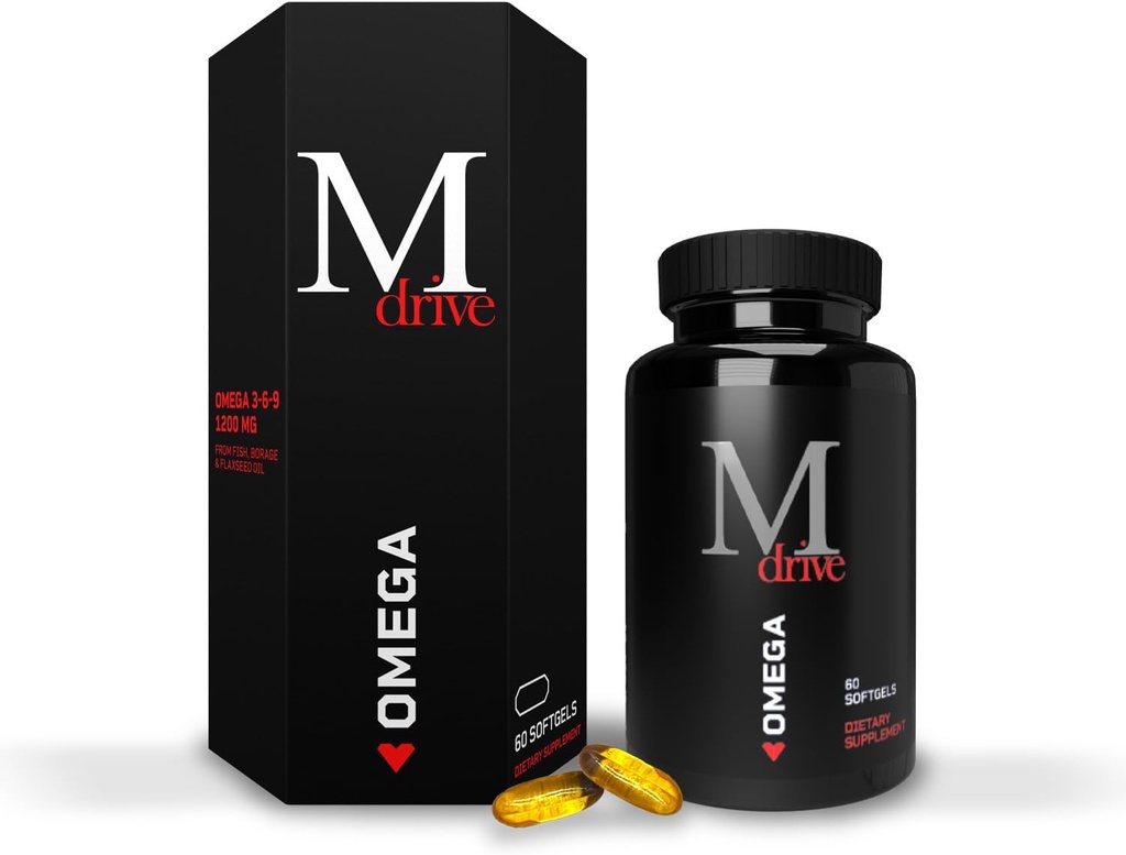 Mdrive Omega 3 Fish Oil for Men, Omega 3-6-9 1200mg from Fish, Borage & Lanseed Oil, Support Heart, Brain, Skin and Joint Health, 60 Count