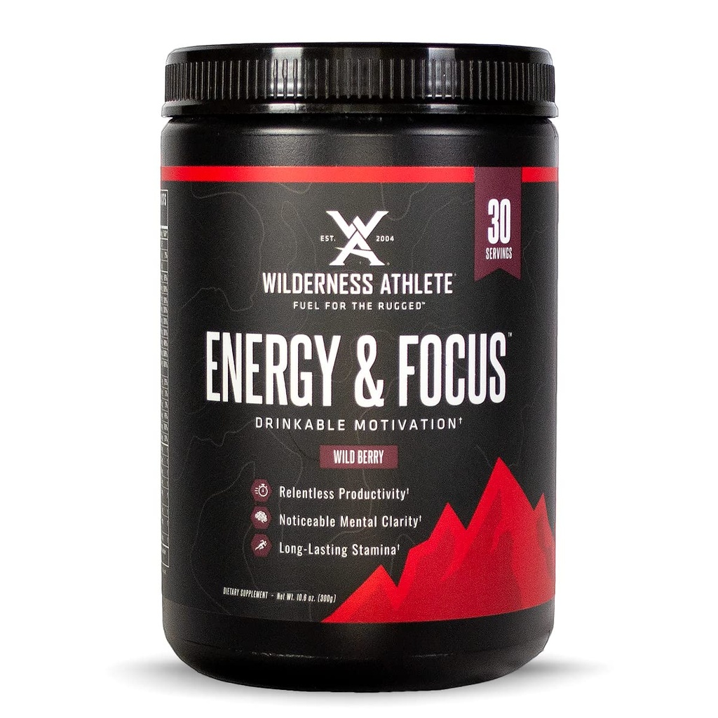 Wilderness Athlete - Energetika a zaostrenie - Energetika pred tréningom pre ženy a mužov - Energy Powder Drink Mix s prírodným kofeínom - Nízkokarbový, Zero Cukrový tréning Powder - 30 Servivné tub (Widd Berry)