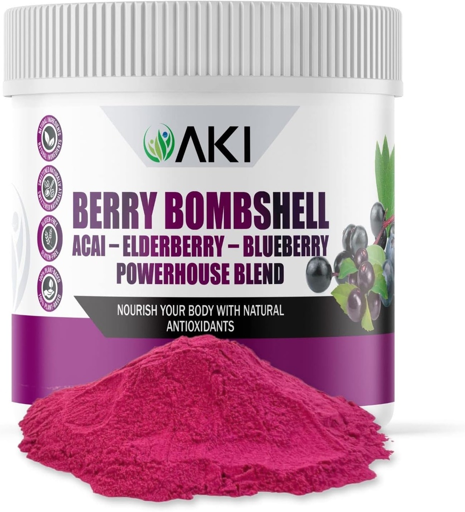 AKI Berry Bombshell - Acai, bazový a čučoriedkový Blend (5.3oz/150g) - prináša dohromady Ideálne plody vytvoriť nutričné, chutné a pohodlné Superfood - Vegan Friendly & Gluten Free