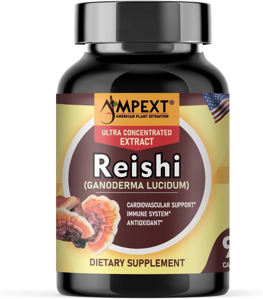 Reishi Mushrom Extract - Premium Quality, Iba ovocné telá, Antioxidant, Pmonotes dlhovekosť, Imunity Booster, Energy & Vitality, odstraňuje únavu, 90 Veg Caps.