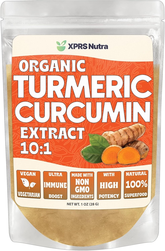 XPRS Nutra Organic Turmeric Curcumin Powder Extract 10:1 - Premium USDA Organic Curcumin Powder for Imunity - Vegan Friendly Pure Curcumin for Gut Health (1 Ounce)
