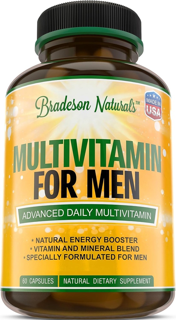 Mužský multivitamínový doplnok pre energiu, zameranie a výkon. Mens Vitamíny A, C, D, E & B12, Zinok, vápnik, horčík a viac. Multi Vitamín 60 Kapsule vyrobené v USA