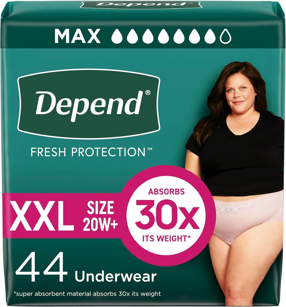 Depend Fresh Protection Adult Diapers, Incontinence & Postpartum Bladder Leak Spodky pre ženy, Jednorazové, Maximálne, Extra-Extra-Veľké, Blush, 44 Počet (2 balenia po 22), Balenie Máj Vary