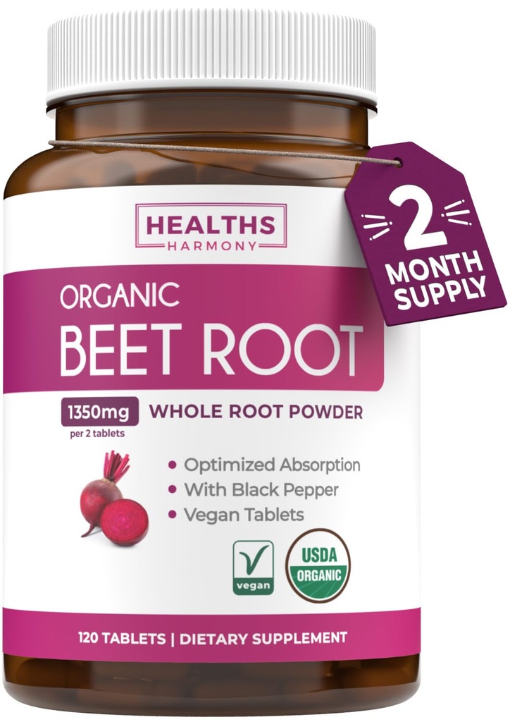 USDA Organic Beet Root Powder (120 tabliet) 1350mg Beets per serviceing with Black Pepper for Extra Absorbtion - Super Antioxidant a dusičnan Supplement pre Athletic Performance a vytrvalosť- Žiadne kapsule