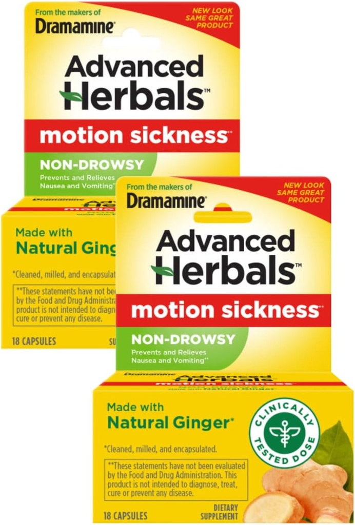 Dramamine Motion Disease Relief, Non-Drowsy, Naturals with Ginger, 18 Ct. (Stoj 2)