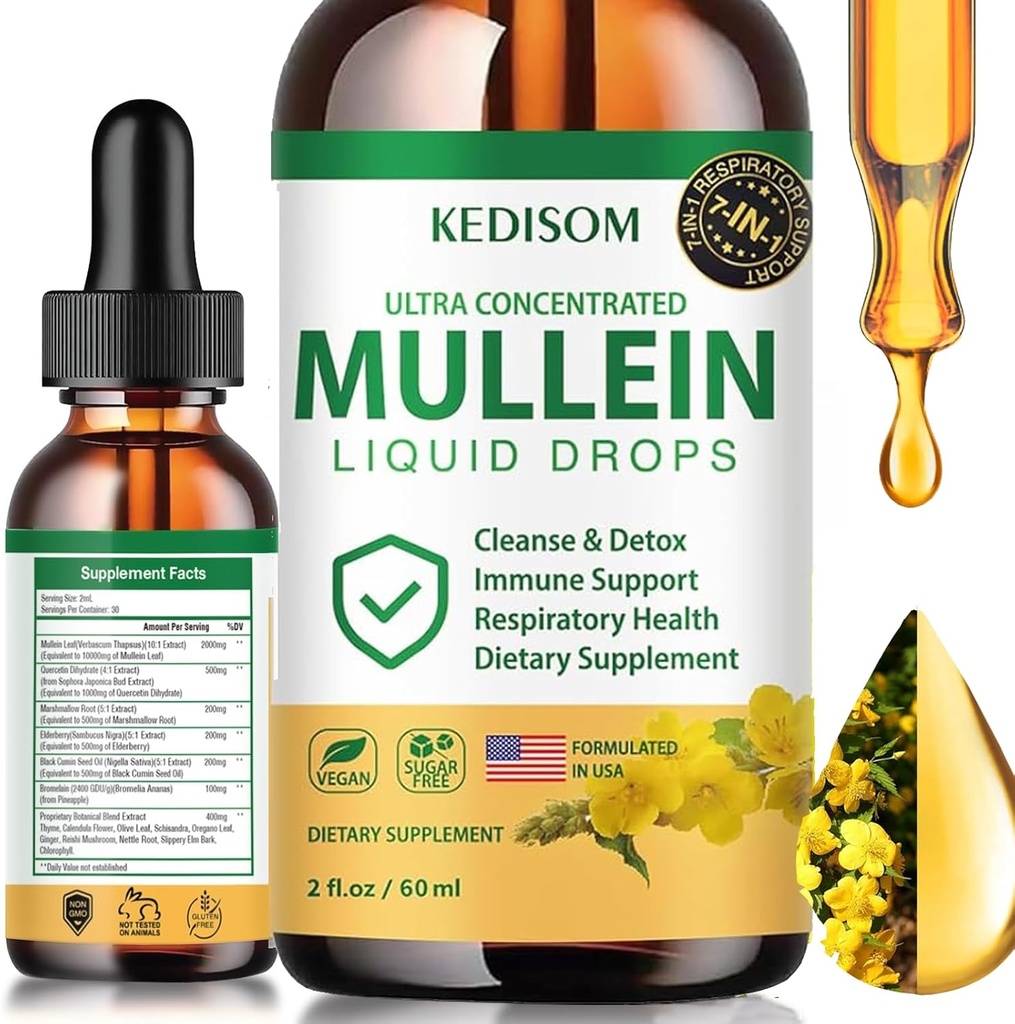 7 v 1 Mullein kvapky pre Pľúca 2 Fl Oz - Organické Mullein Leaf Extract Supplement - Pľúcne a Bronchial Čistenie pre fajčiarov - Podpora respiračného zdravia