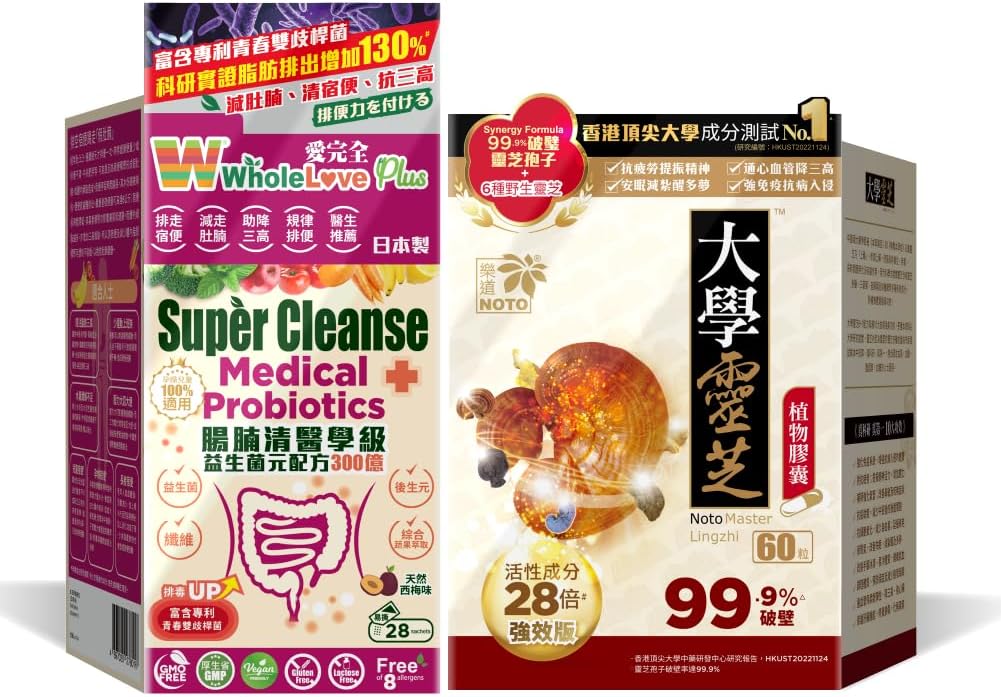 Noto Master Reishi Huba Lingzhi a Cracked Lingzhi Spore Capsule+WholeLovePlus Super Cleanse Probiotiká