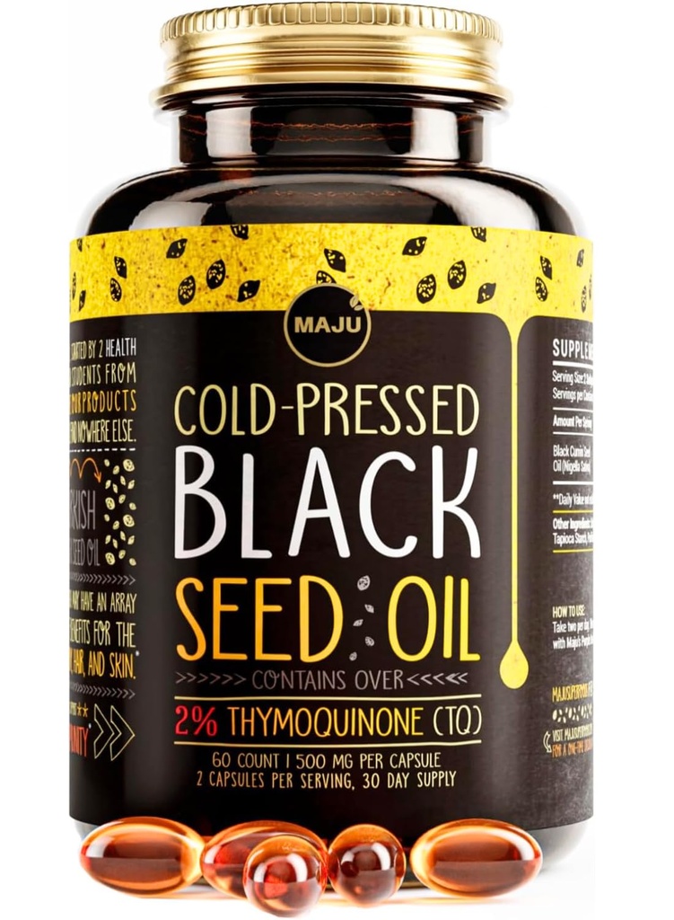 Maju Superfoods Black Seed Oil Capsules - Cold Pressed, 2% Thymochinón, 100% Turkey Black Cumin Nigella Sativa Seed Oil, Liquid Pure Blackseed 60 Count, 500mg per Capsule