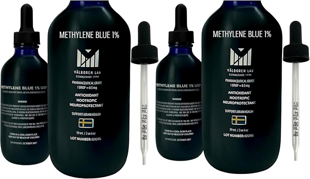 Metylén Blue Pharmaceutical Grade Bundle - 2 oz & 4 oz Fľaše - USP Grade - Made in USA - Third-Party Tested, Formaldehyd & Bez alkoholu - Brain Health Supplement - Metylén 1% kvapky pre ľudí