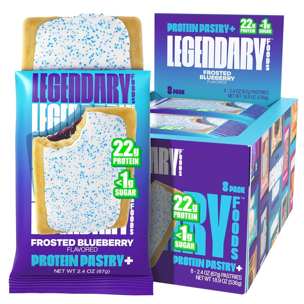 Legendárny Foods 22g Bielkoviny Pestrá+ Frosted Blueberry, Nízky Carb Náhradný bar - Nízky glycemic, Gluten Free Protien Snacks - Zdravý Keto Snack Box 8 Zero Sugar Energy Bars - Diabetická Priateľská