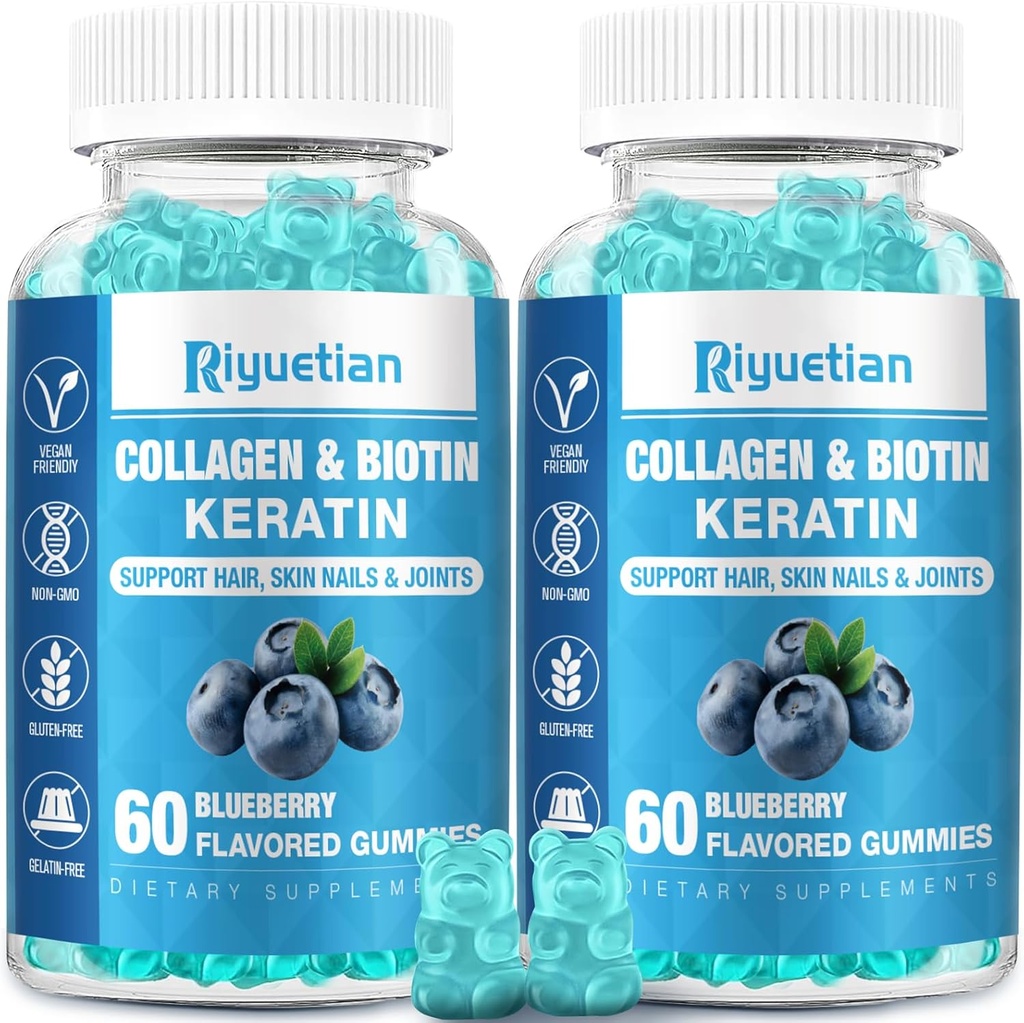 Biotín Gummies 15000mcg s kolagénom pre dospelých Ženy a muži - Vlasy, koža a nechty Gummy s biotínom - kolagén pre ženy - Vegan, non-GMO, Vitamíny pre vlasy - 120 Počet, 2 balenie