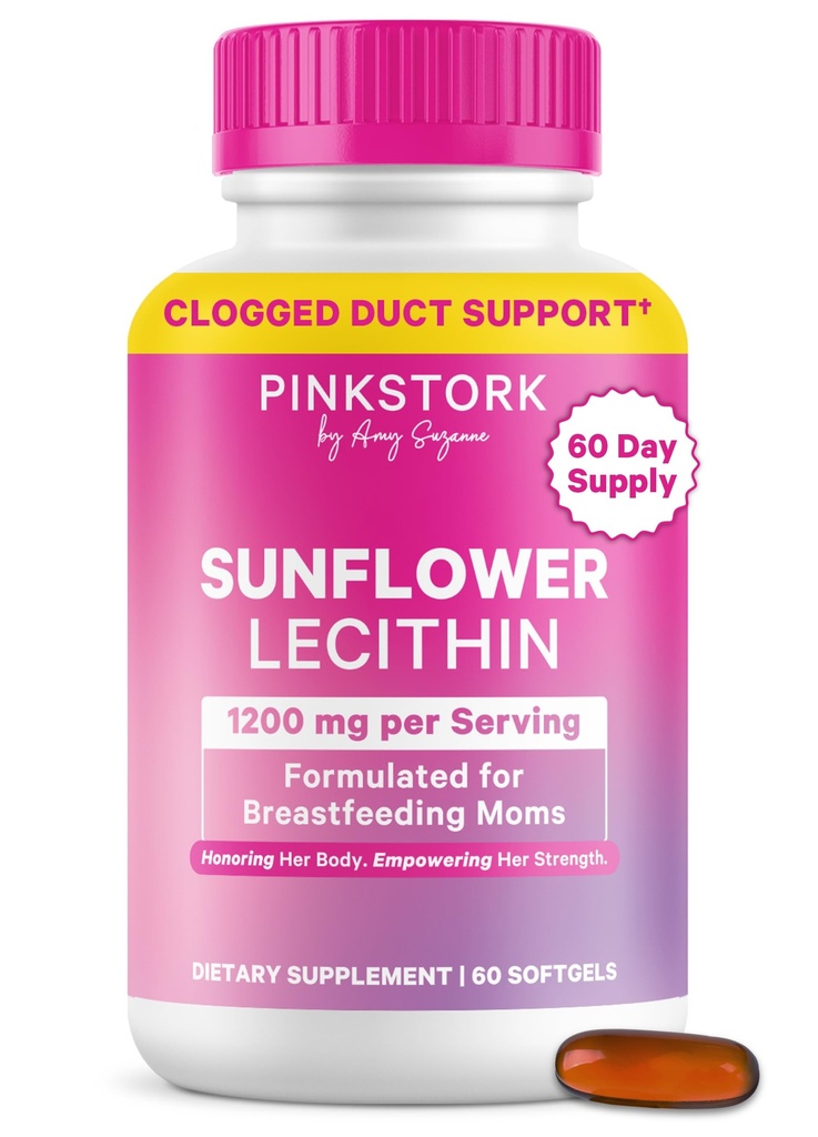 Pink Stork Slnečnica Lecithin Supplement - 1200 mg pre upchaté mlieko Ducts - Dojčenie Essentials for Postpartum Moms - Podpora toku materského mlieka - 60 Softgels