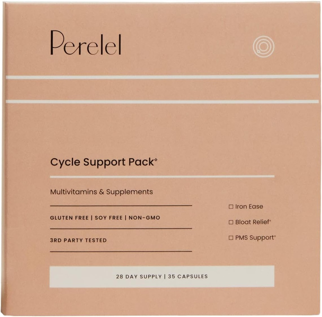 Perel Cycle Support Pack, Daily Supplement with Iron, Vitamin C, B12 & Bloat and PMS Support Blend, Soy, Dairy & Gluten Free, Non GMO, 28 Day Supply