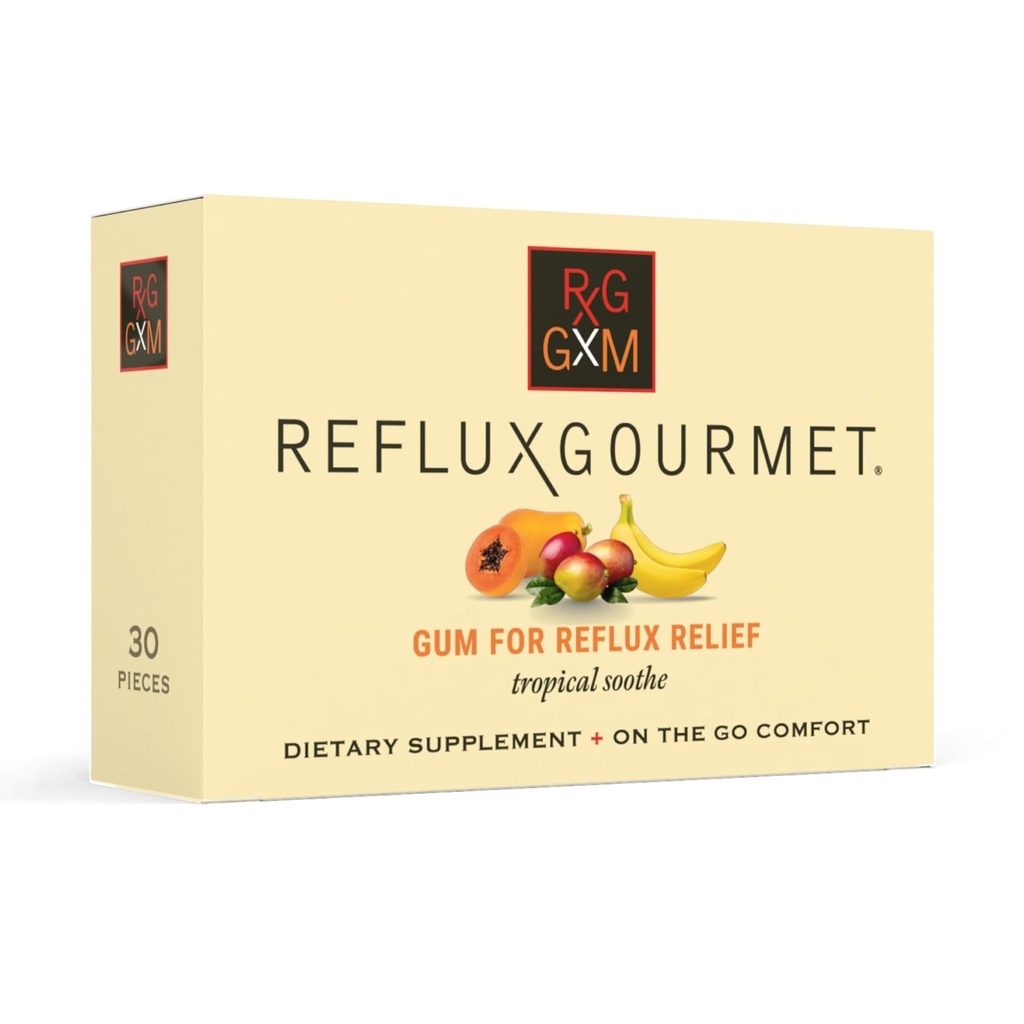 Reflux Gourmet Tropical Soothe Gum Alginate Therapy Sodium Bicarbonate Gum for Acid Reflux, Oral, Cognitive, and Digestive Support, Natural with Ginger, zeler, Aloe, bez cukru, bez lepku, Vegan