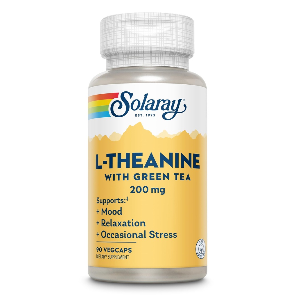 SOLARAY L-Theanine 200 mg so zeleným čajom - zdravá nálada, relaxácia a príležitostná podpora stresu - Lab Overené, Vegan, Gluten Free - 90 Servings, 90 VegCaps