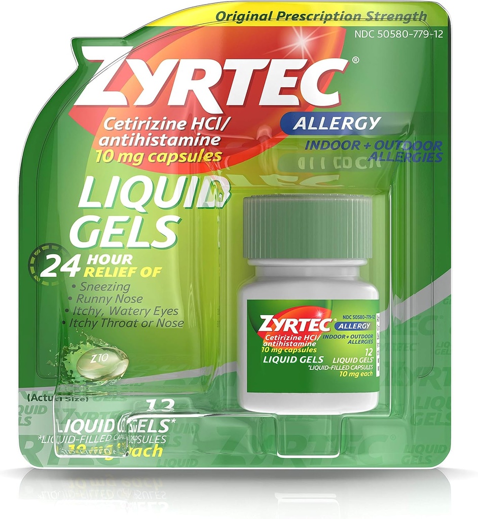 Zyrtec 24 hodín Vnútorné a vonkajšie alergie Tekuté gély, Antihistaminiká Kapsule s cetirizínom Hydrochlorid pre All- Day Alergy Relief, 12 ct (Pack of 2)