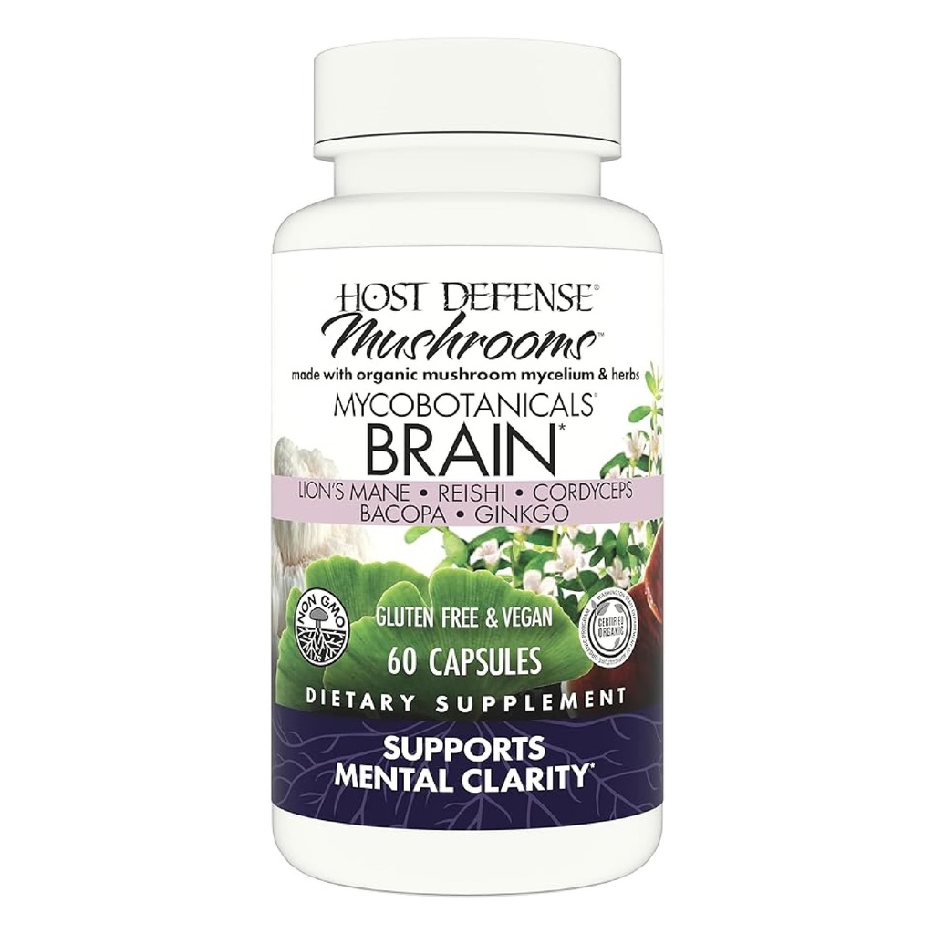 Host Defense MycoBotanicals Mozog* Kapsule - Podpora mozgu Supplement with Lion's Mane, Reishi & Cordyceps Mushroom - Bylinný doplnok pre pamäť a Focus Support - 60 Kapsule (30 Servings)