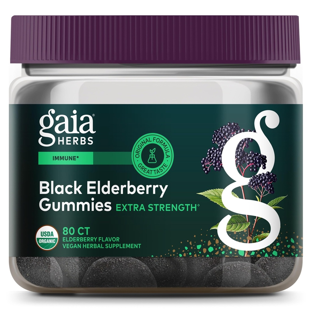 Gaia byliny Black Elderberry (Sambucus Nigra) Extra sila Gummies - Delicious Immune Suplement - Made with Certified Organic Black Elderberries for Immune System Support - 80 Gummies