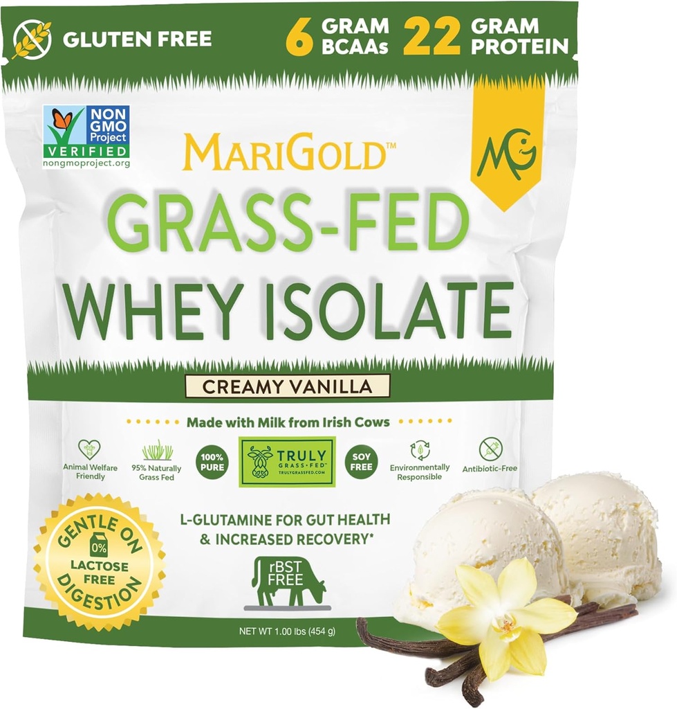 MariGold Grass-fed Whey Protein Isolate Powder - Creamy Vanilla Flavor - 1 Lb Bag | 100% Pure, Cold-Processed, Micro-Filtered, Undenatured, Non-GMO, rBGH Free, Soy Free, Gluten Free, Lactose Free