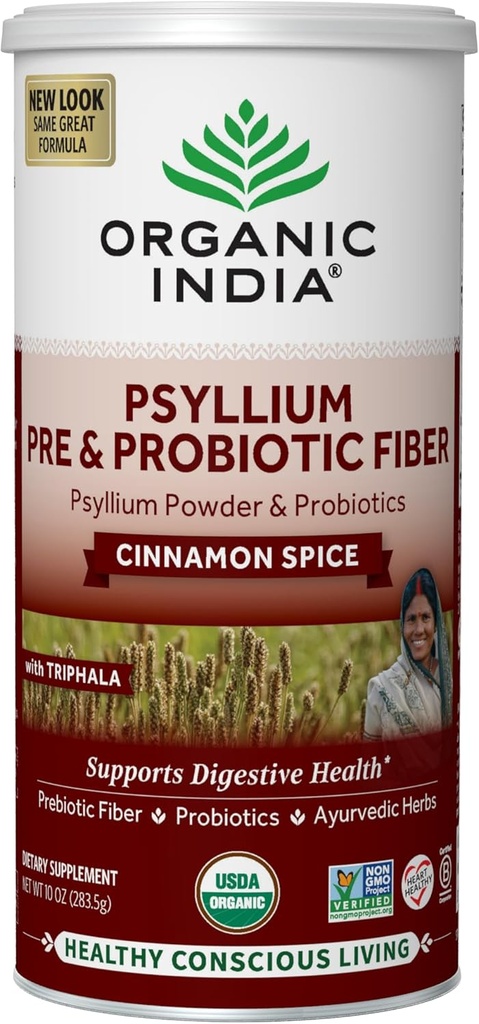 ORGANIC INDIA Psyllium Husk Powder - Pre & Probiotic Fiber Supplement, Organic Psyllium Husk Fiber Supplement with Whole Psyllium Husk, USDA Certified Organic, Vegan, Gluten Free - škorica, 10 Oz