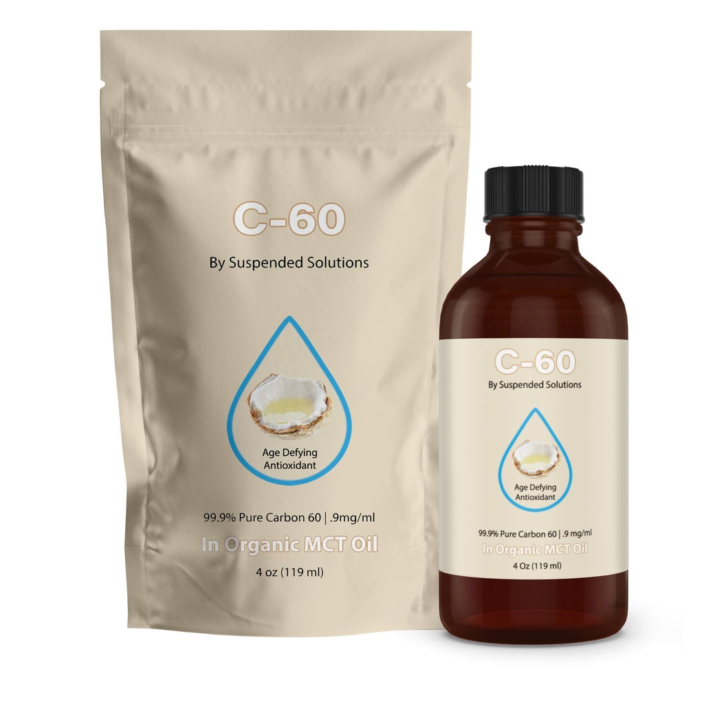 C-60 MCT - 4oz -99,9% Pure C-60 v organickom extra panenskom MCT oleji - 100% bez rozpúšťadla - 108 mg aktívneho C60 - Sklenená fľaša - uhlík 60