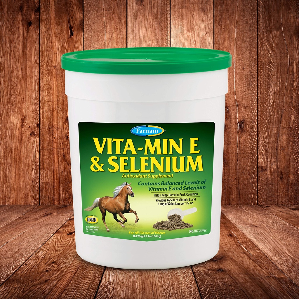 Farnam Vita-Min E & Selenium Antioxidant doplnok pre kone, Konský vitamín E doplnok, svalovej hmoty zdravie a vrcholový stav, 3 LB, 96 Deň dodávky