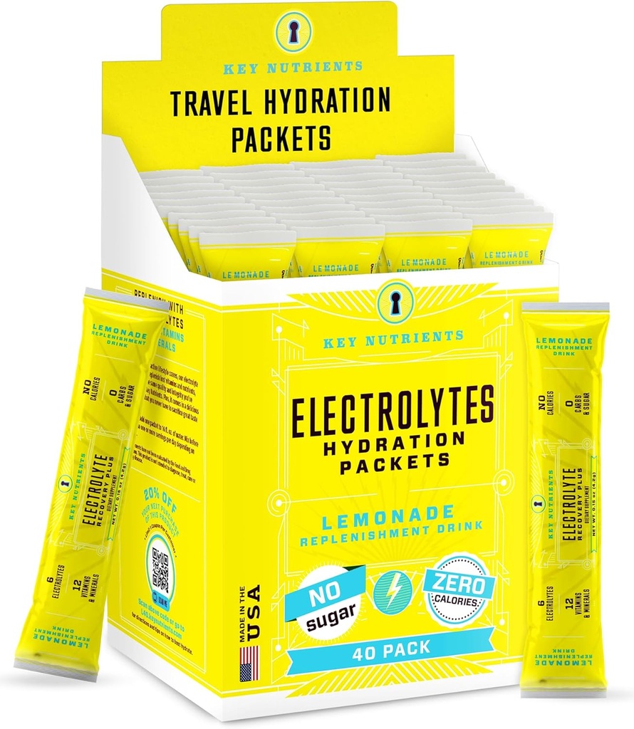KĽÚČOVÉ NUTRIENTY Multivitamínové hydratačné balíčky s elektrolytmi - osviežujúca citrónová limonáda Post Cvičenie a zotavenie 40 balenie - bez cukru, bez kalórií - Cestovné hydratačný prášok