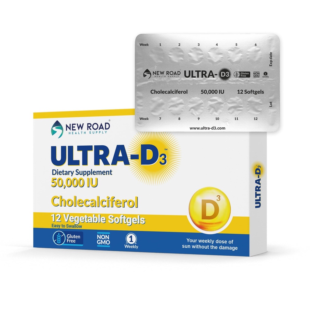 New Road Health Supply, High-Potency Vitamin D3 50 000 IU, Raz týždenne Softgel, podporuje kosti, zuby a imunitné zdravie, Easy-to-Swallow, Gluten-Free, 12 Počet