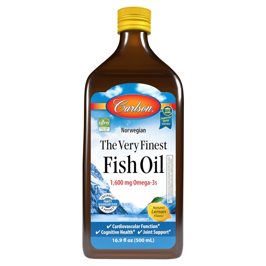 Carlson - Veľmi najjemnejší rybí olej, 1600 mg Omega-3s, Liquid Supplement, Norway, Wild-Caught, Udržateľne Zdroj , Citrón, 16.9 Fl Oz