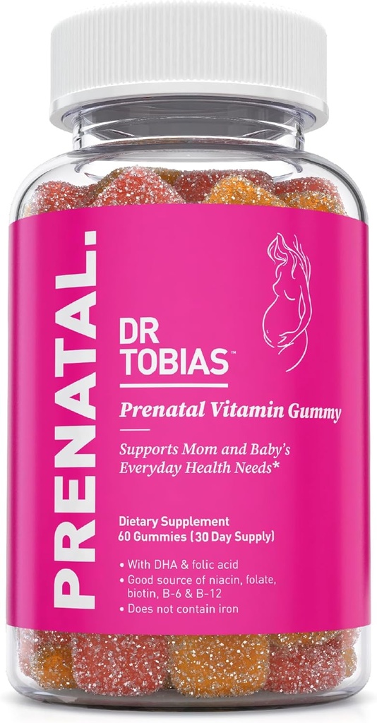 Dr. Tobias Prenatálne vitamíny Gummy, Bezželezné prenatálne vitamíny s DHA a kyseliny listovej, Niacín, Biotín, B6, & B12, Obsahuje rybí olej, pre pre & postnatálne podporu, 60 Gumies, 30 Servíry